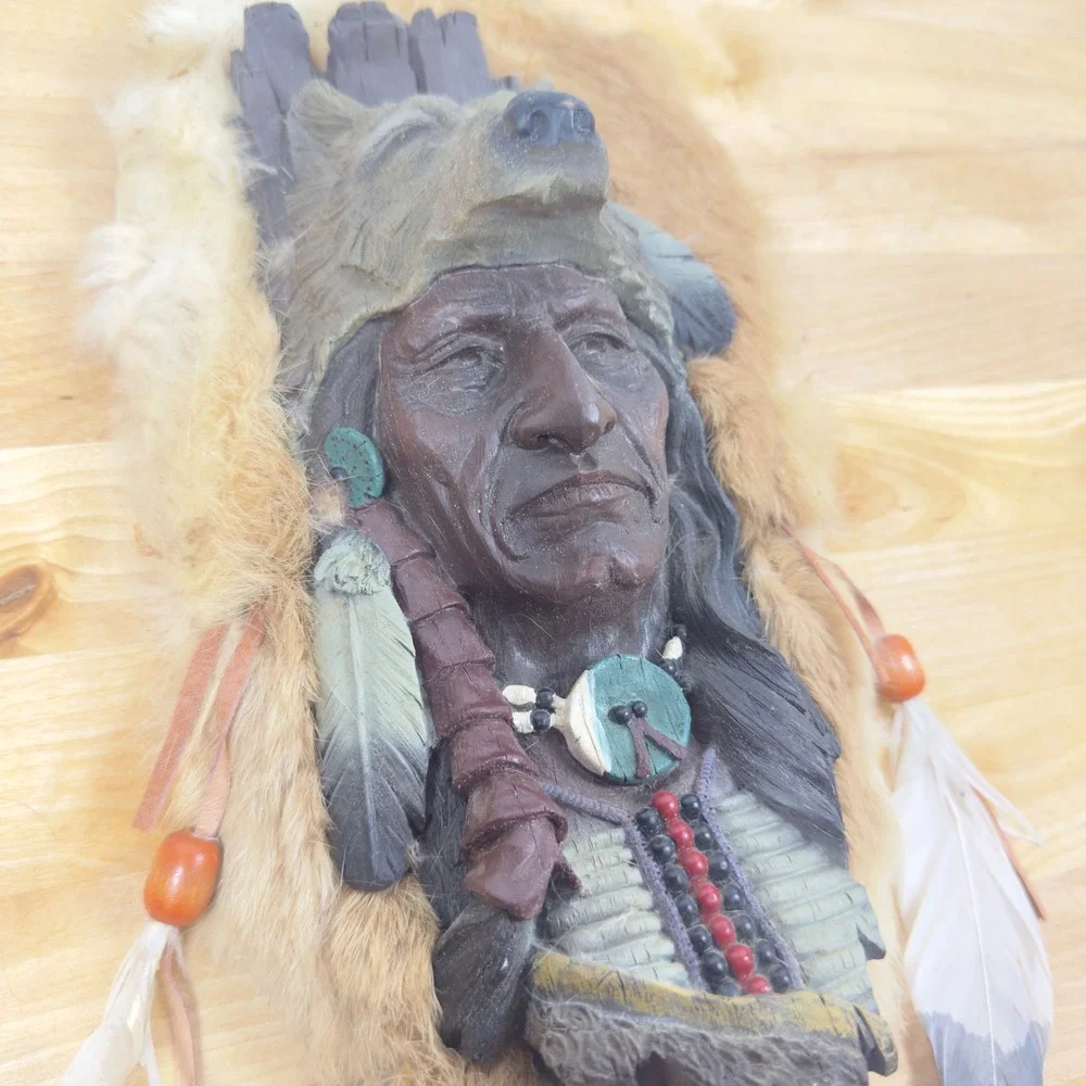 Native American Elder Wolf Headdress Wall Plaque Faux Fur Feather Decor 12in